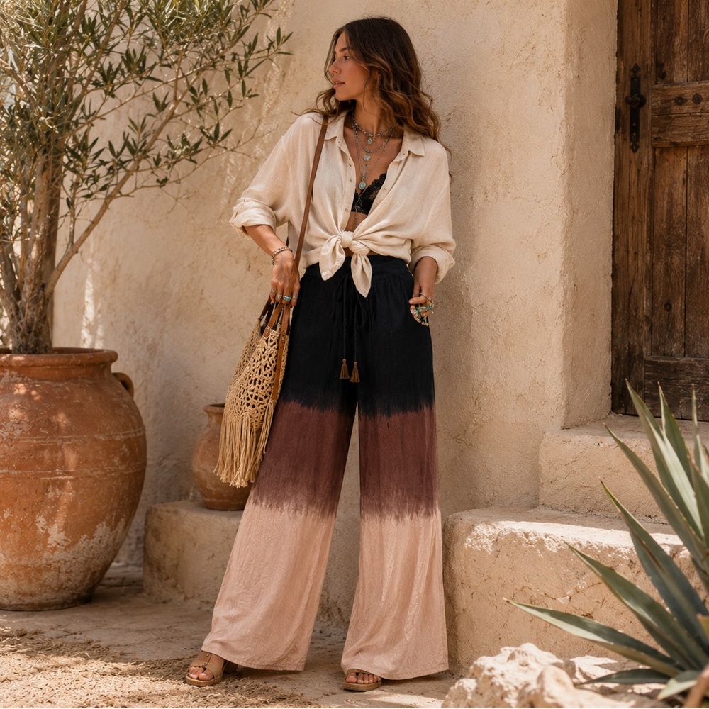 Boho Ombre Wide Leg Palazzo Pants Neutral Resort Lounge Tassel Drawstring PantsM